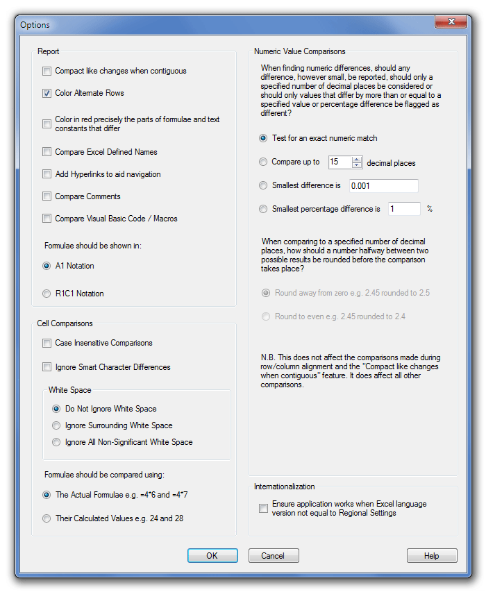DiffEngineX Excel Differences Options Dialog Box