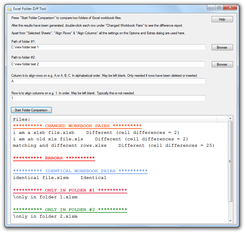 Compare / diff folders of Excel spreadsheet workbook files xlsx xlsm xlsb xls for differences
